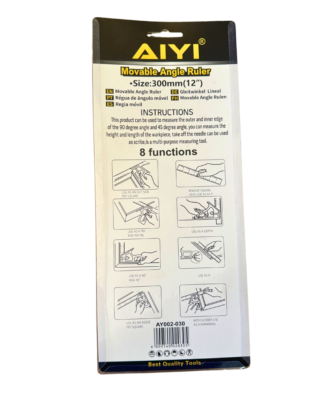 AIYI 300mm Movable Angle Ruler with Spirit Level