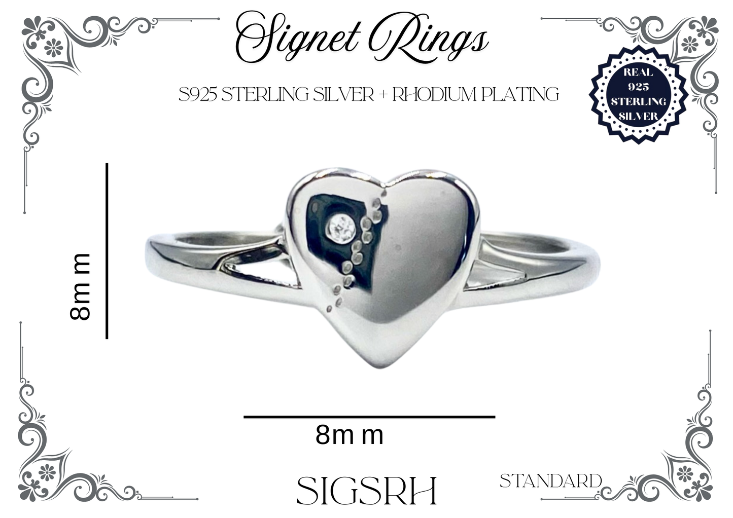 Signet Rings - Sterling Silver + Rhodium Plating (Heart)