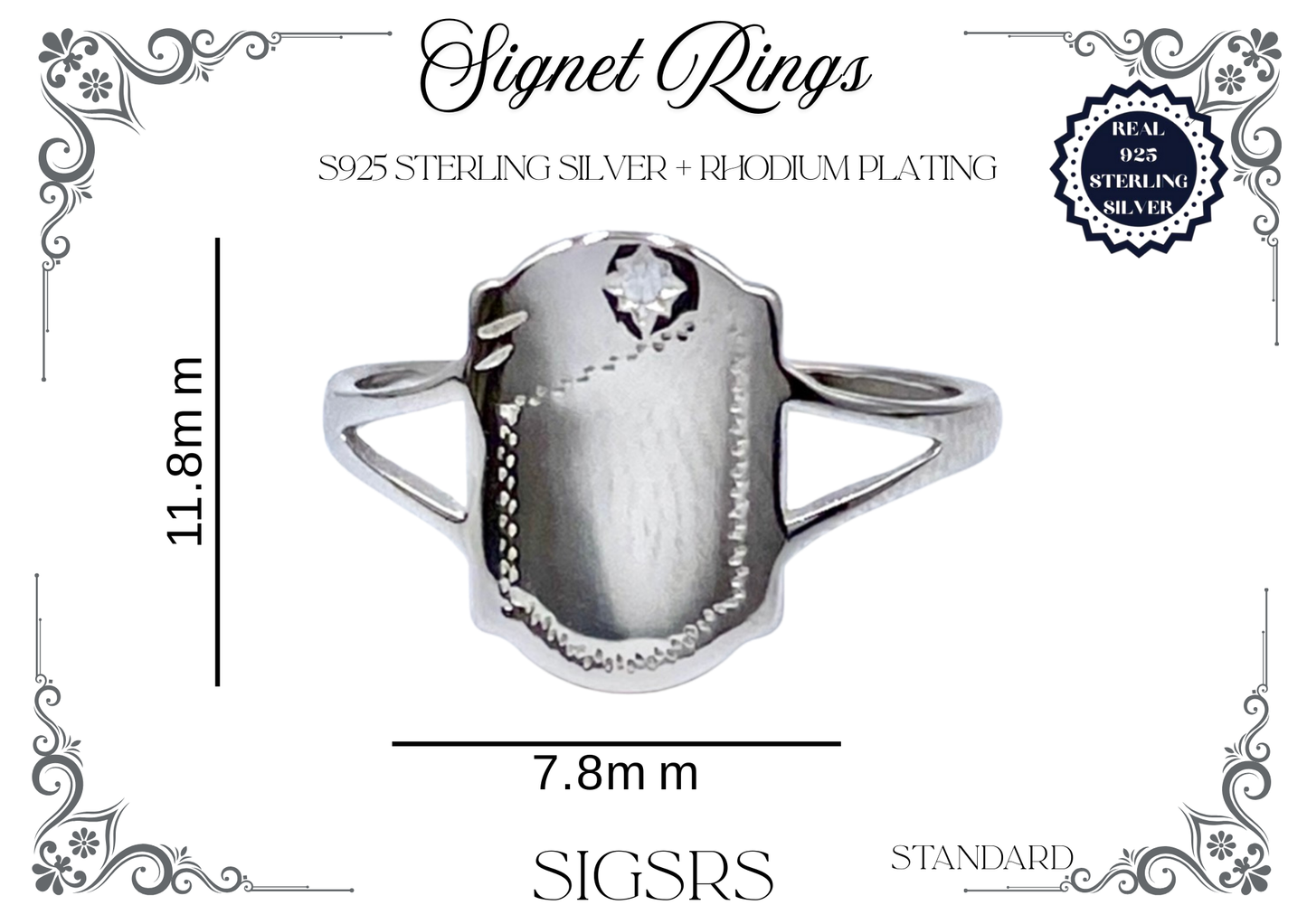 Signet Rings - Sterling Silver + Rhodium Plating (Shield)