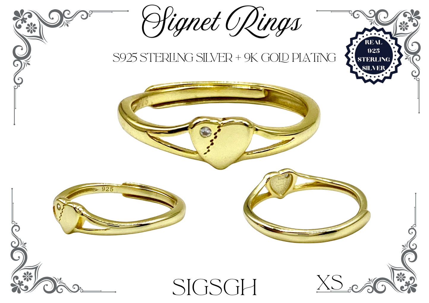Signet Rings - Sterling Silver + 9K Gold (Heart)