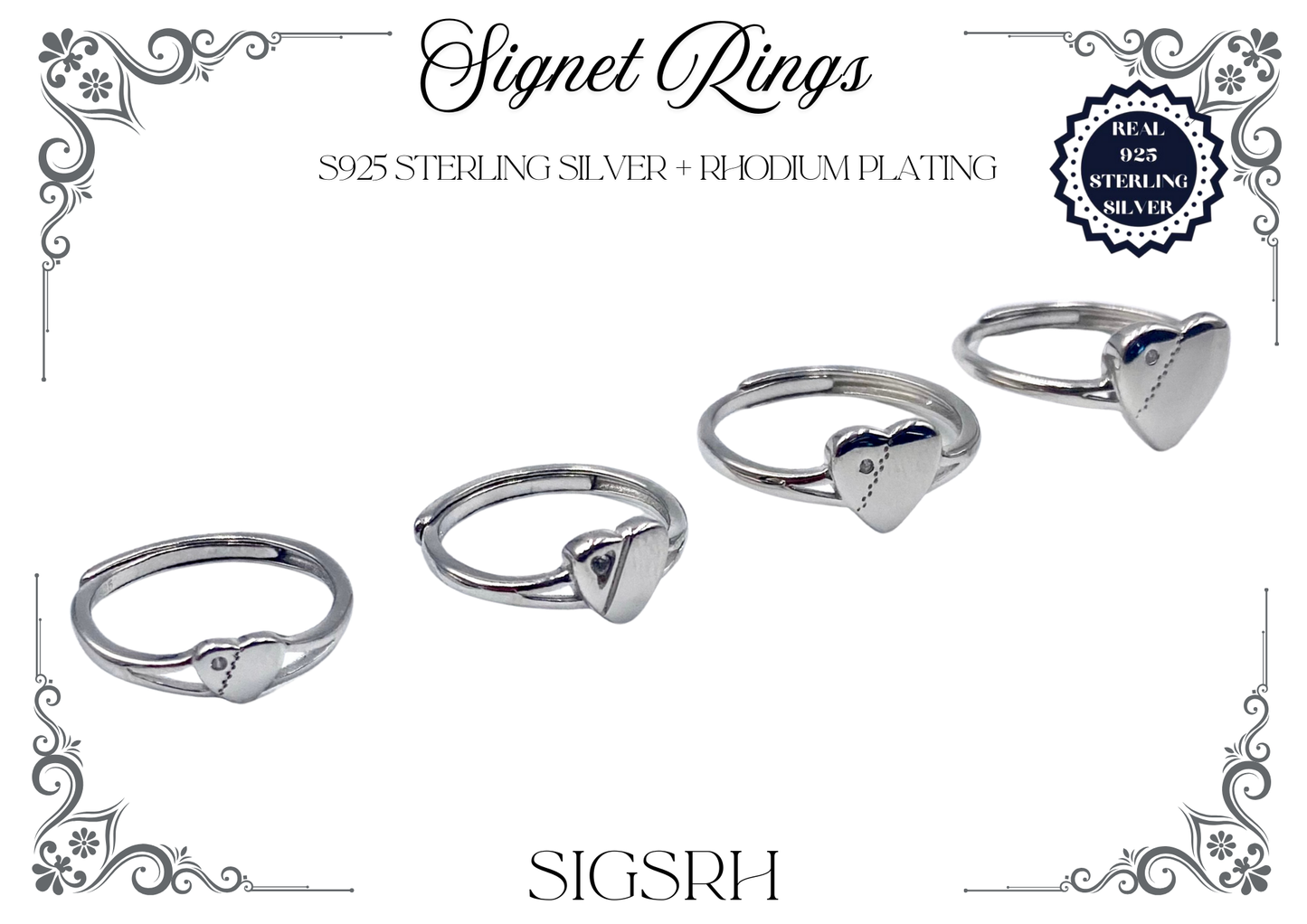 Signet Rings - Sterling Silver + Rhodium Plating (Heart)