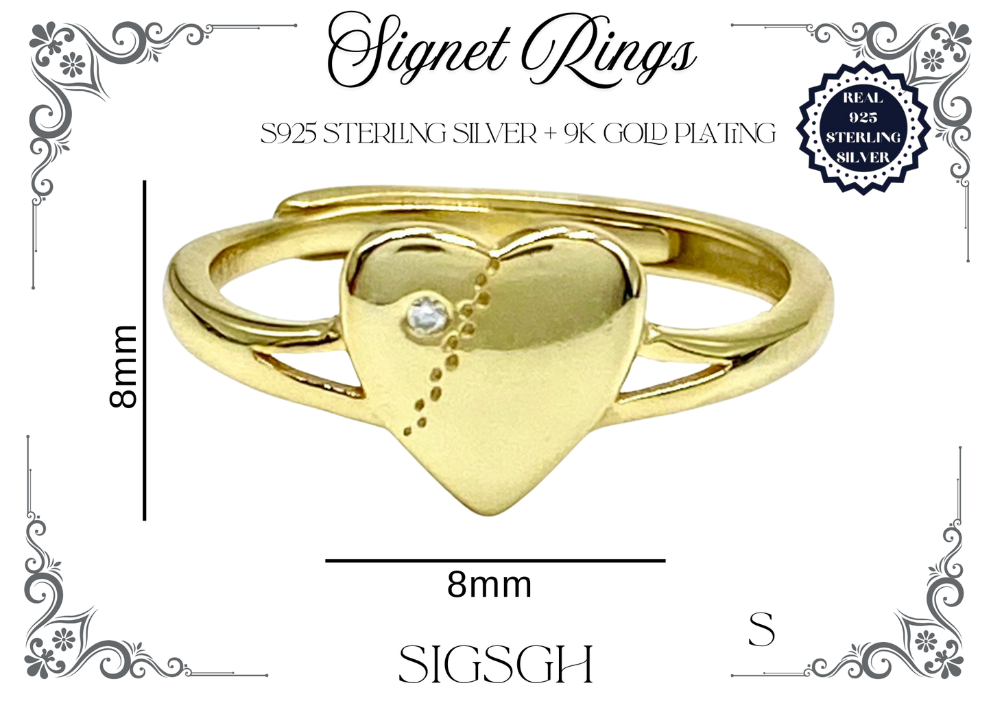 Signet Rings - Sterling Silver + 9K Gold (Heart)