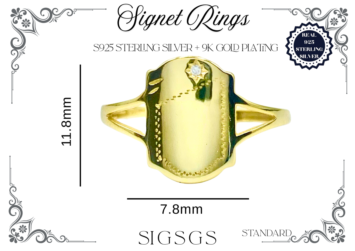 Signet Rings - Sterling Silver + 9K Gold (Shield)