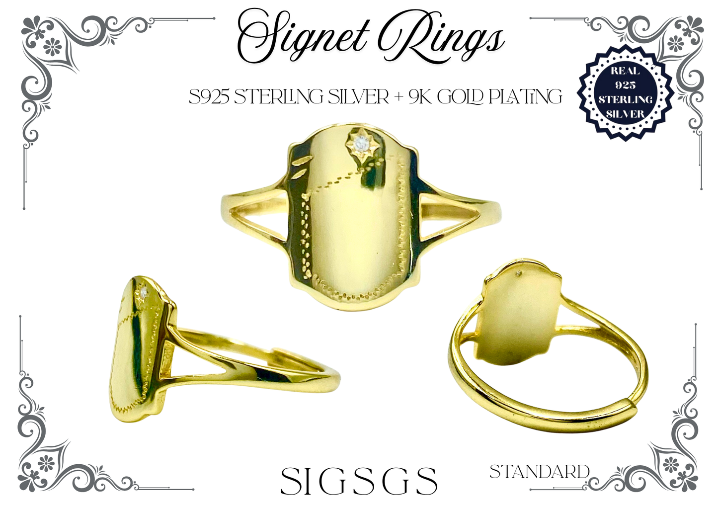 Signet Rings - Sterling Silver + 9K Gold (Shield)