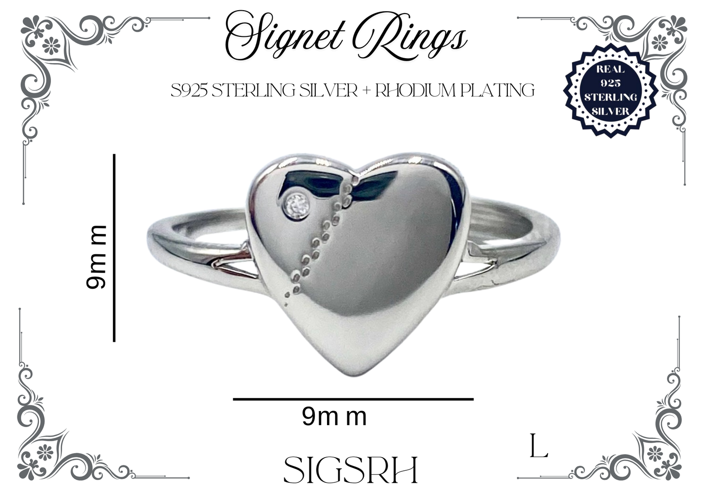 Signet Rings - Sterling Silver + Rhodium Plating (Heart)