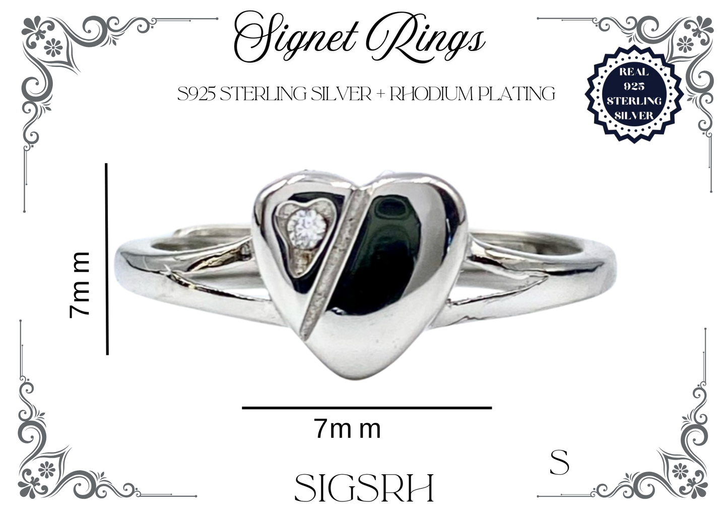 Signet Rings - Sterling Silver + Rhodium Plating (Heart)