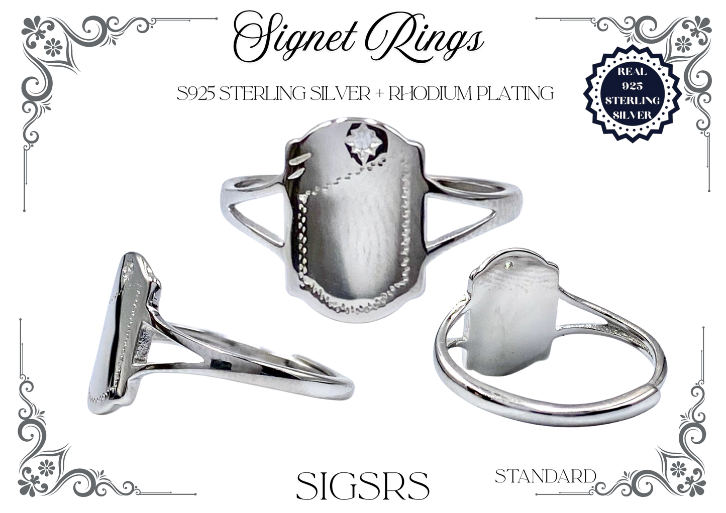 Signet Rings - Sterling Silver + Rhodium Plating (Shield)