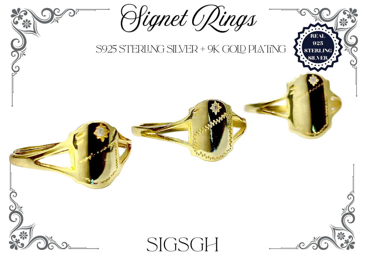 Signet Rings - Sterling Silver + 9K Gold (Shield)