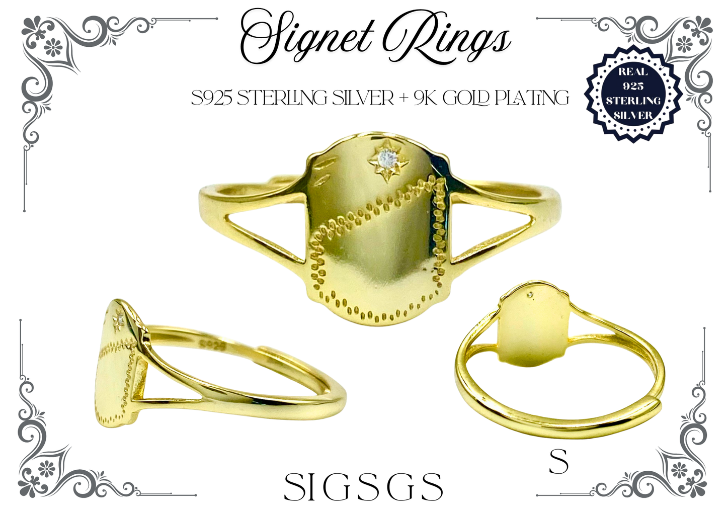 Signet Rings - Sterling Silver + 9K Gold (Shield)