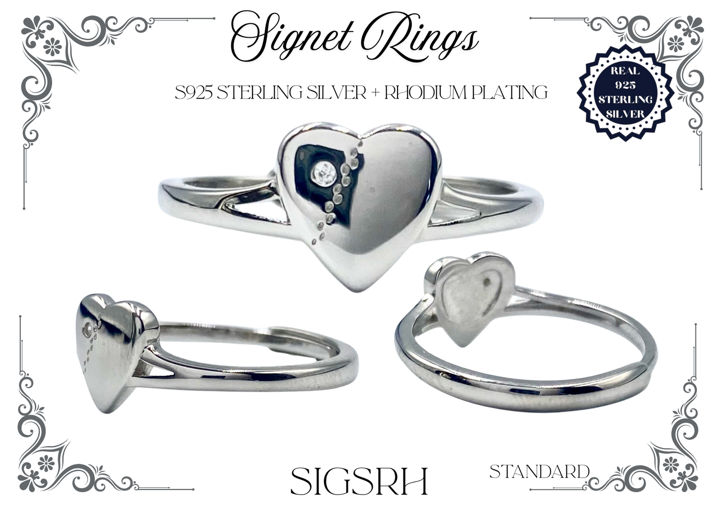 Signet Rings - Sterling Silver + Rhodium Plating (Heart)