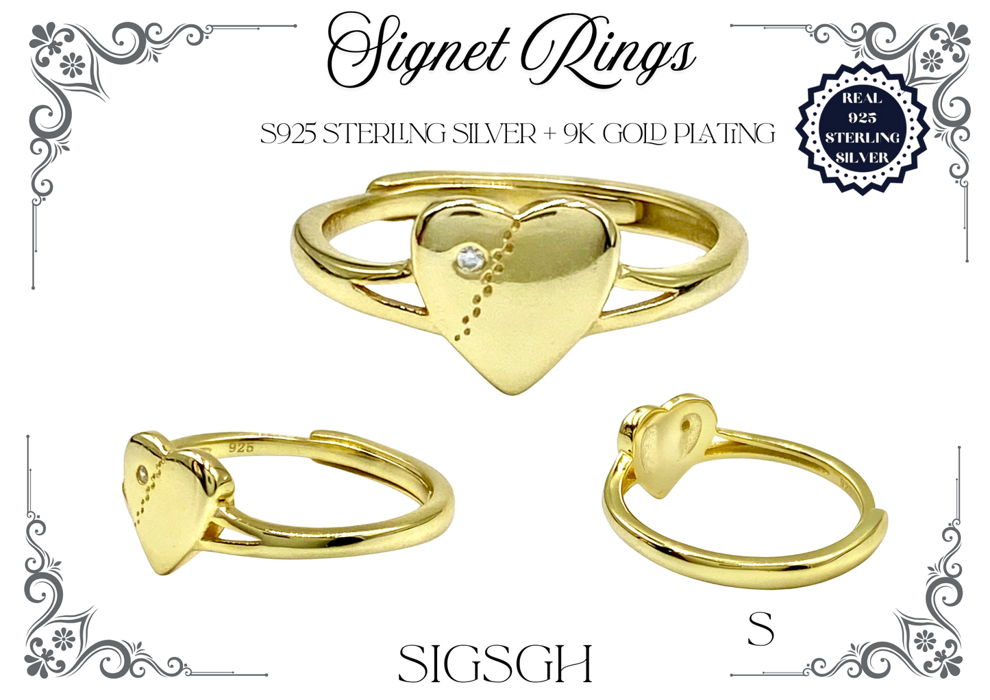 Signet Rings - Sterling Silver + 9K Gold (Heart)