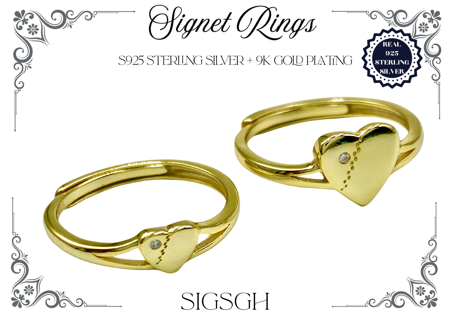 Signet Rings - Sterling Silver + 9K Gold (Heart)