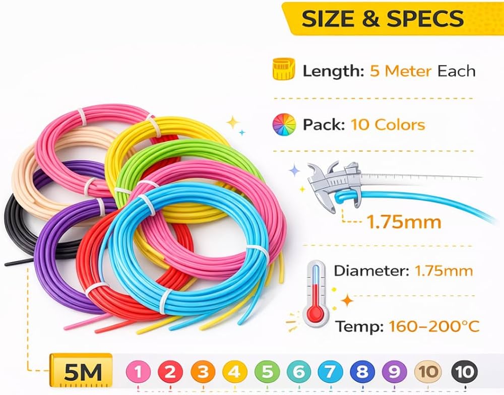 PLA 3D Printing Pen Filament Refill – 10 Colours