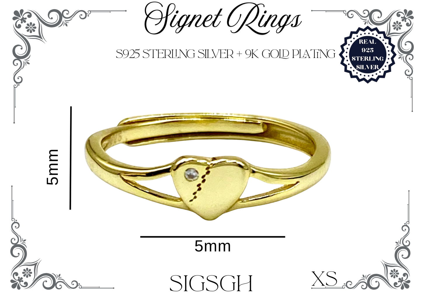 Signet Rings - Sterling Silver + 9K Gold (Heart)